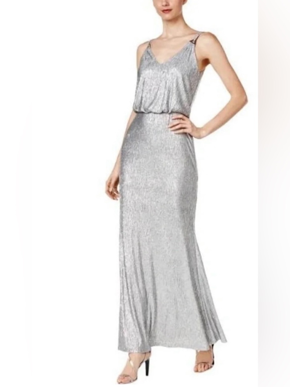 Silver Metallic Maxi Dress with Tie Straps